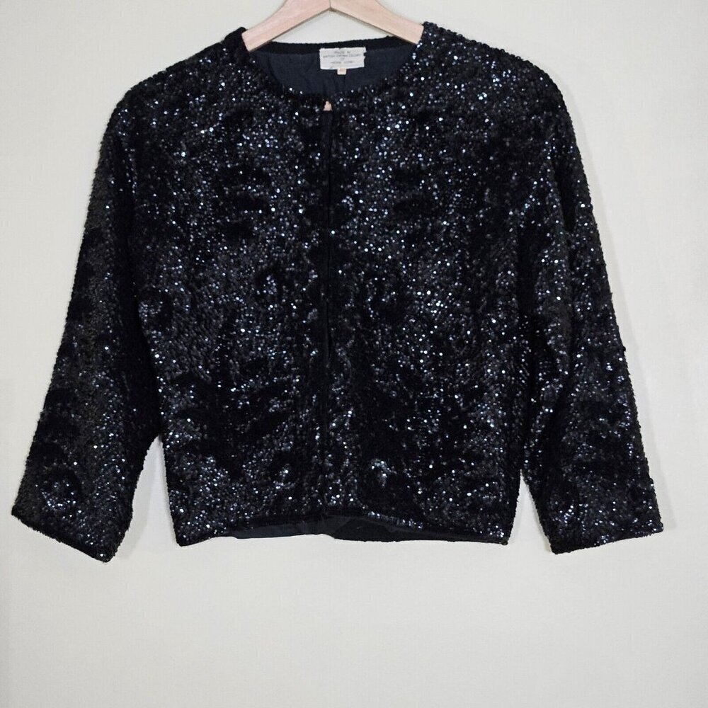 Jacket Women 40 S/M Black VTG 60s Sequins British Crown Colony of Hong Kong Art